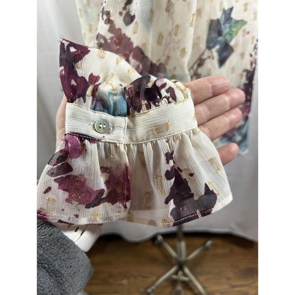 Soft Surroundings Floral Metallic Blouse Tie Neck Bell Sleeve Size S Multicolor - Picture 4 of 9